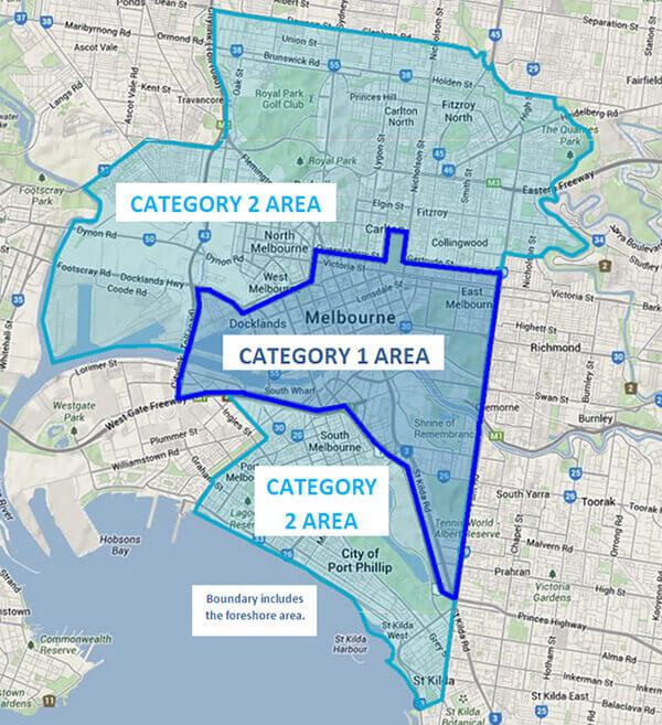 Melbourne Congestion Levy Map 2015 - Category 1 and 2 Areas