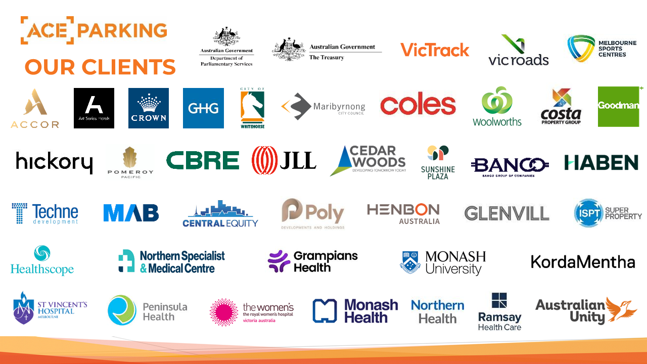 Selected organisations Ace Parking has worked with across government, property, retail, healthcare, education and hospitality