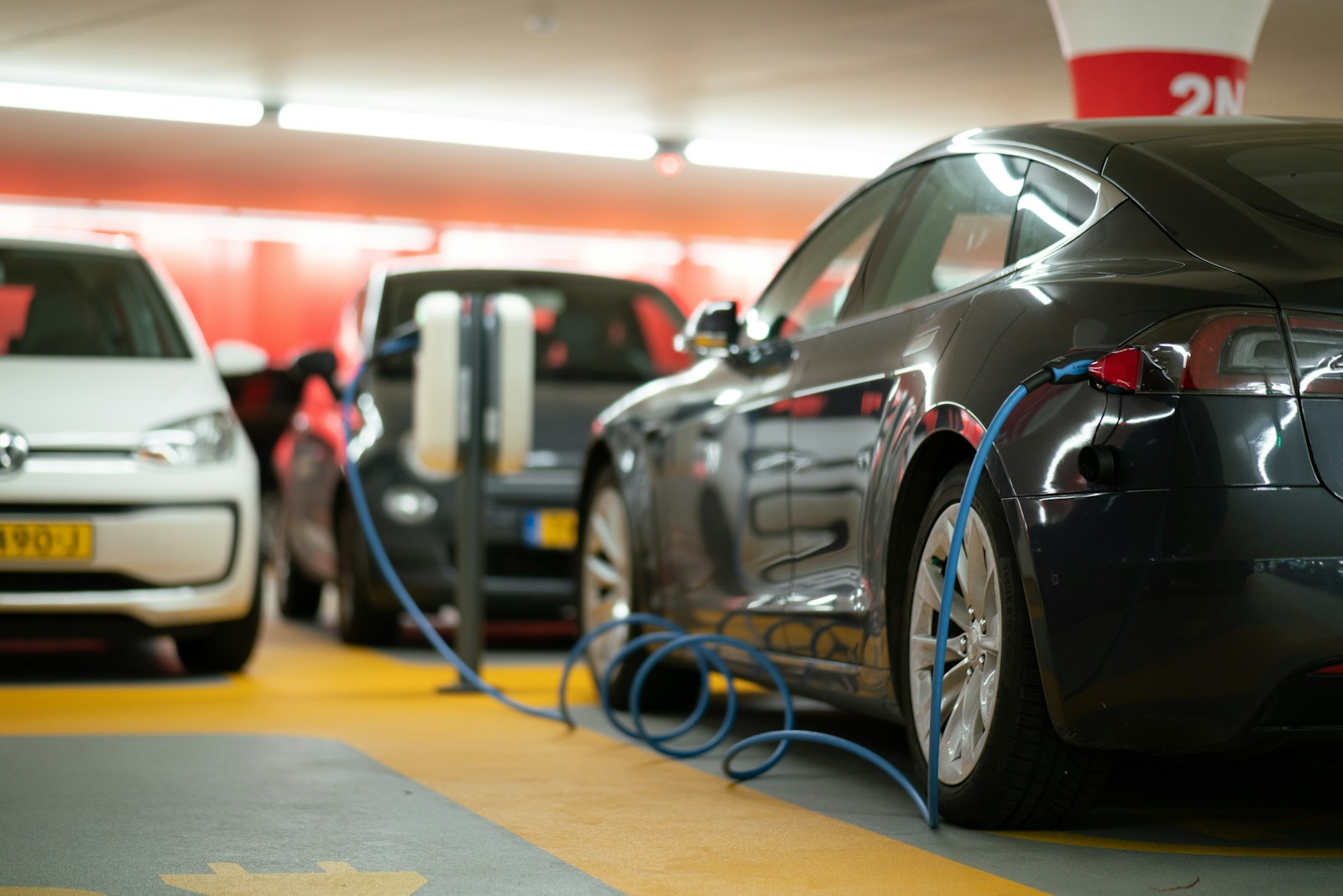 Electric vehicle parked in a public car park