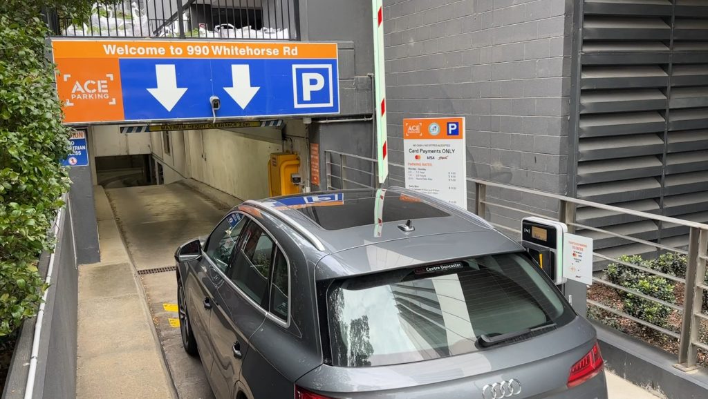 Licence plate recognition camera at an Ace Parking ticketless entry lane